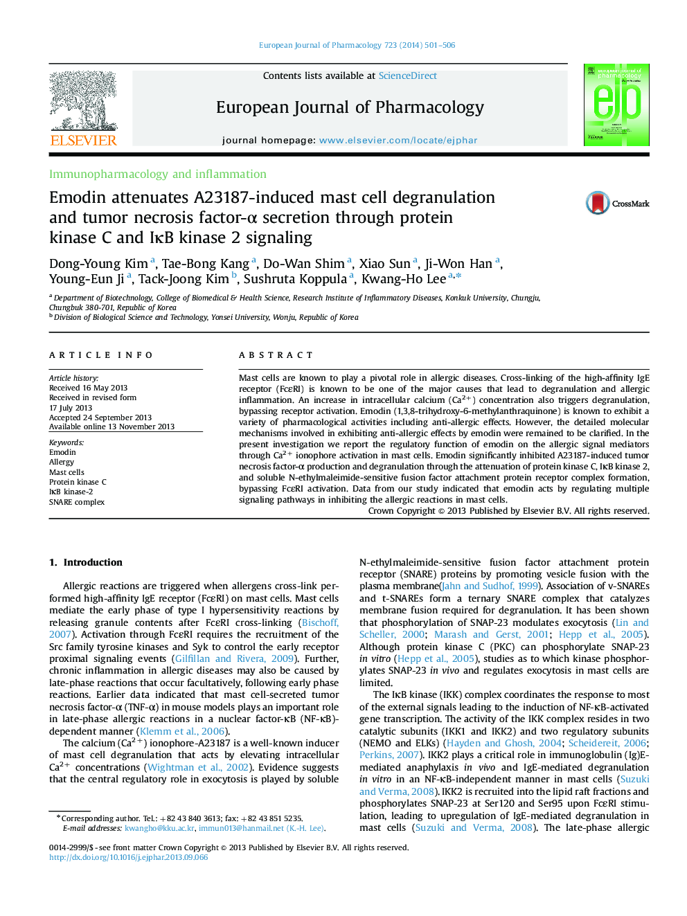 Emodin attenuates A23187-induced mast cell degranulation and tumor necrosis factor-α secretion through protein kinase C and IκB kinase 2 signaling