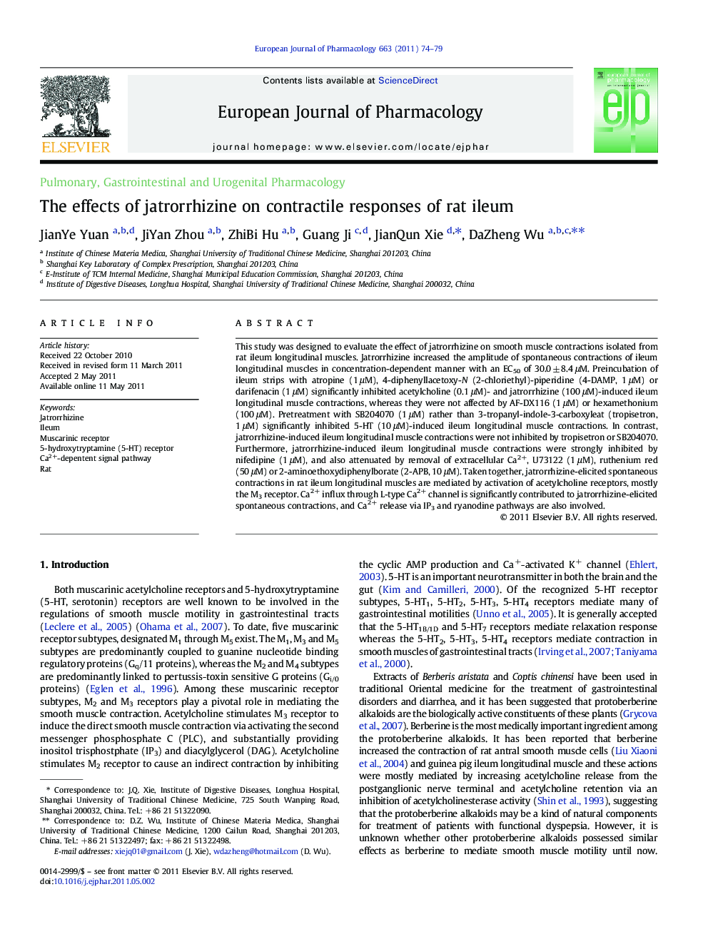 The effects of jatrorrhizine on contractile responses of rat ileum