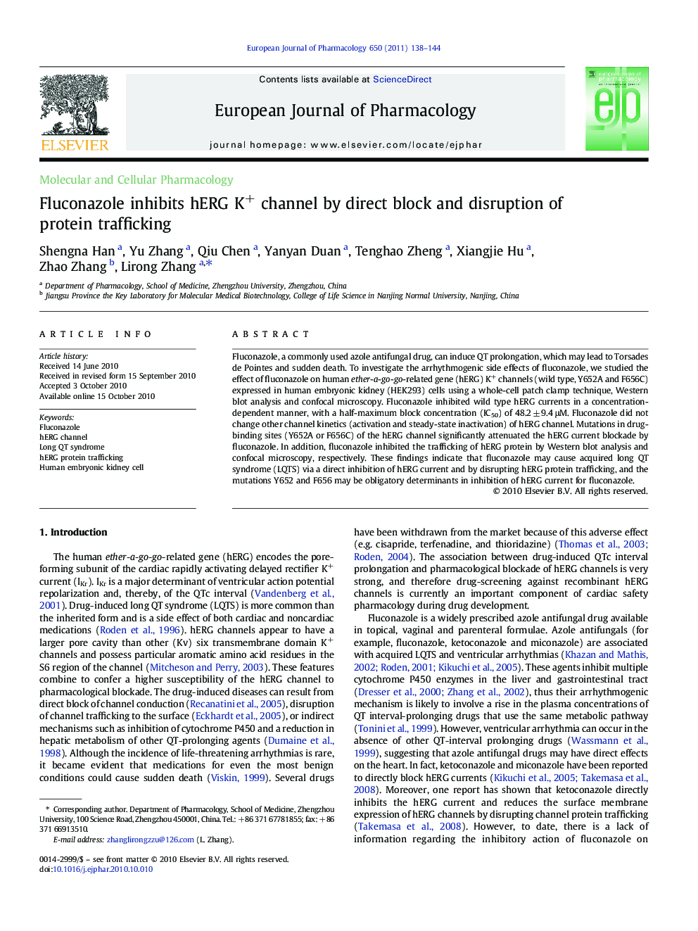 Fluconazole inhibits hERG K+ channel by direct block and disruption of protein trafficking