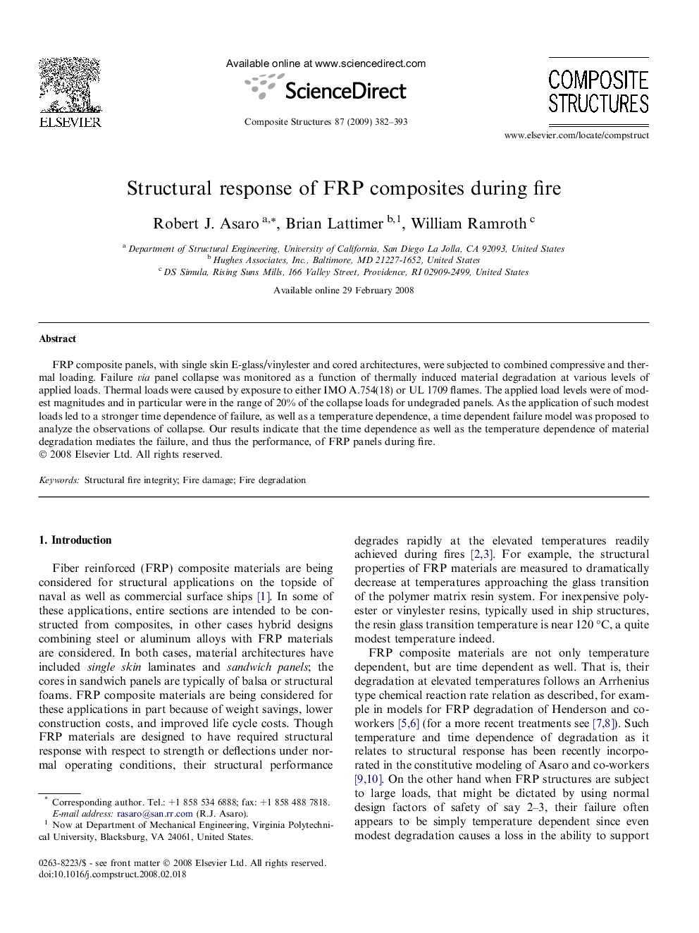 Structural response of FRP composites during fire