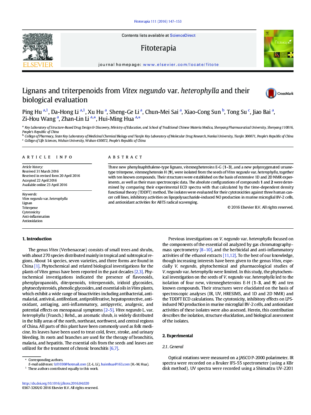 Lignans and triterpenoids from Vitex negundo var. heterophylla and their biological evaluation
