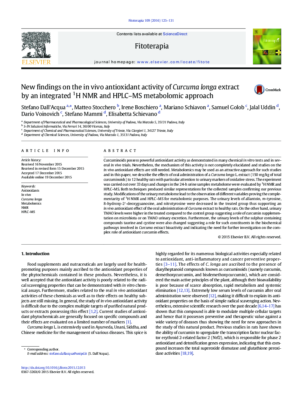 New findings on the in vivo antioxidant activity of Curcuma longa extract by an integrated 1H NMR and HPLC–MS metabolomic approach