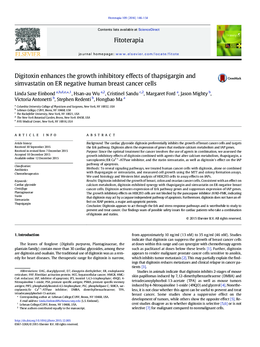Digitoxin enhances the growth inhibitory effects of thapsigargin and simvastatin on ER negative human breast cancer cells