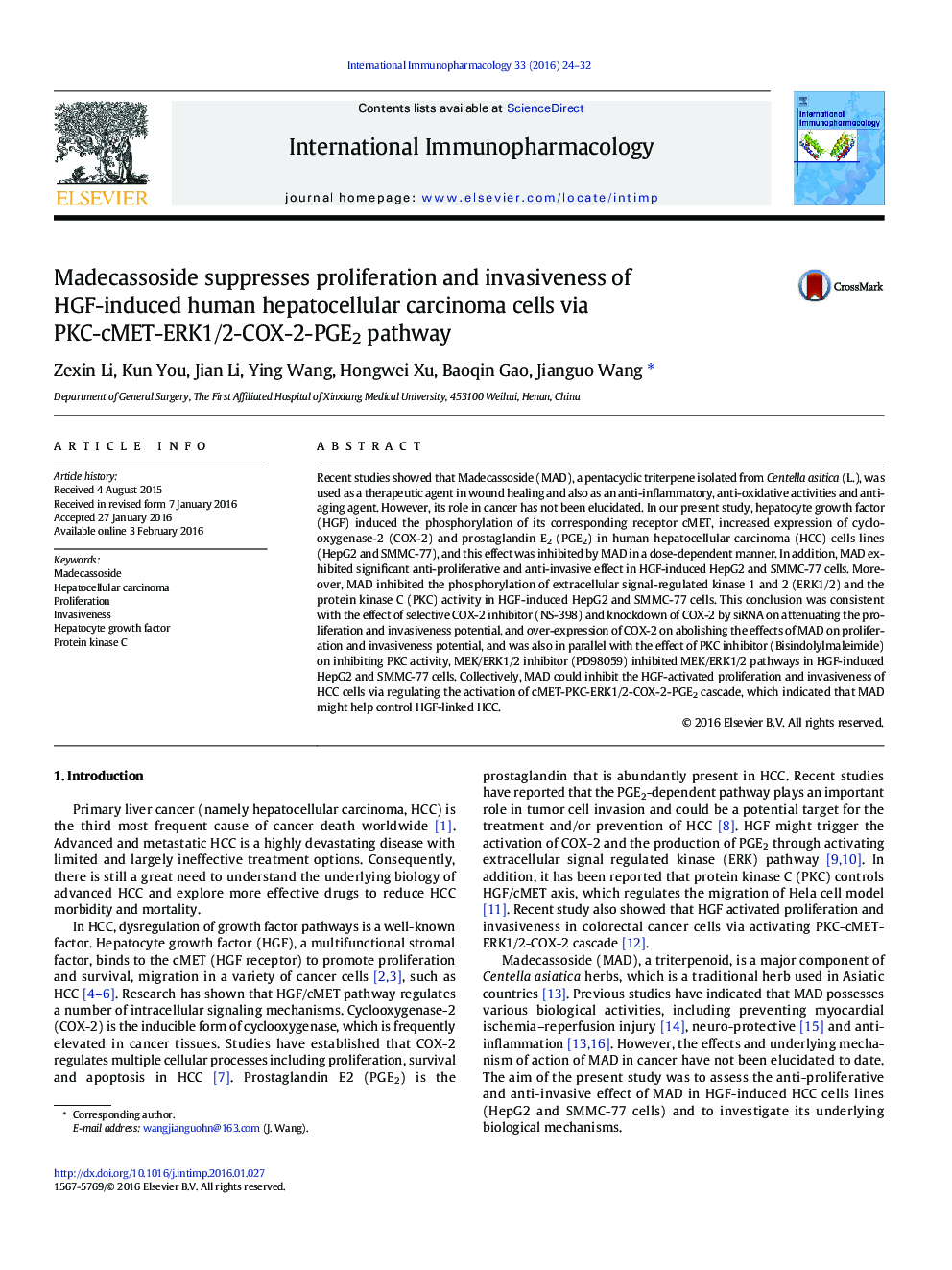 Madecassoside suppresses proliferation and invasiveness of HGF-induced human hepatocellular carcinoma cells via PKC-cMET-ERK1/2-COX-2-PGE2 pathway