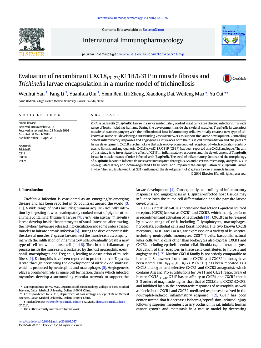 بررسی CXCL8 (3-73) K11R / G31P نوترکیب در فیبروز عضلات و کپسول سازی لارو تریشینلا در یک مدل موشی trichinellosis