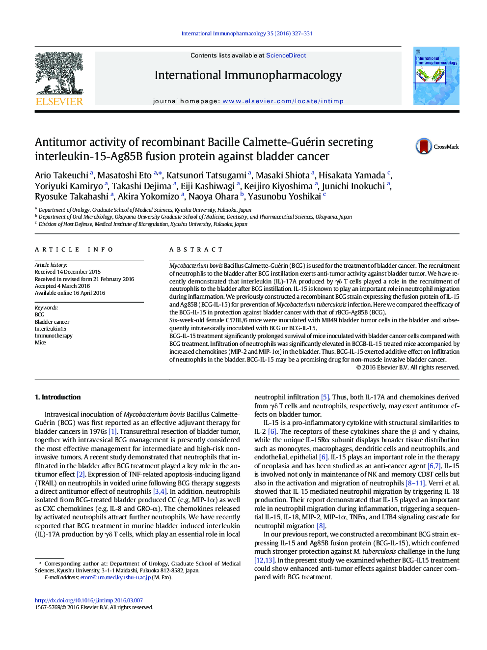 فعالیت ضدتوموری پروتئین ترکیبی اینترلوکین 15-Ag85B ترشح کننده Calmette-Guérin باسیل نوترکیب در برابر سرطان مثانه