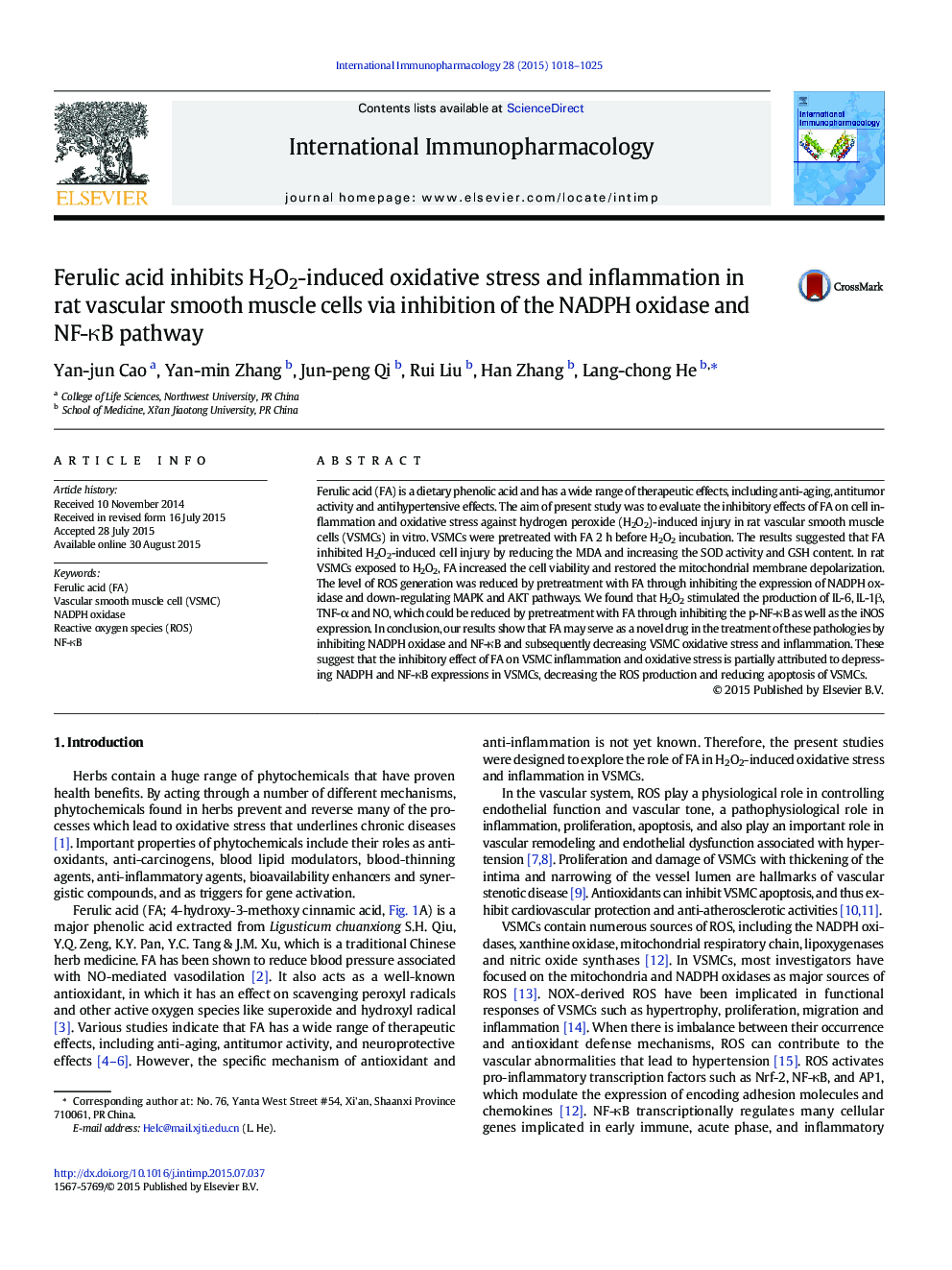 Ferulic acid inhibits H2O2-induced oxidative stress and inflammation in rat vascular smooth muscle cells via inhibition of the NADPH oxidase and NF-κB pathway
