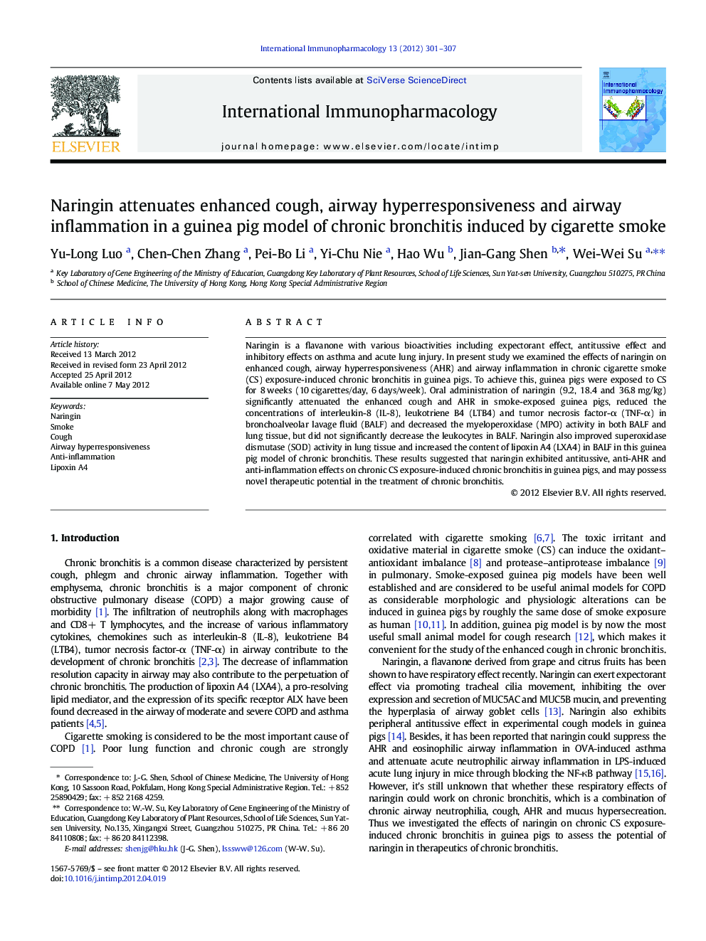 Naringin attenuates enhanced cough, airway hyperresponsiveness and airway inflammation in a guinea pig model of chronic bronchitis induced by cigarette smoke