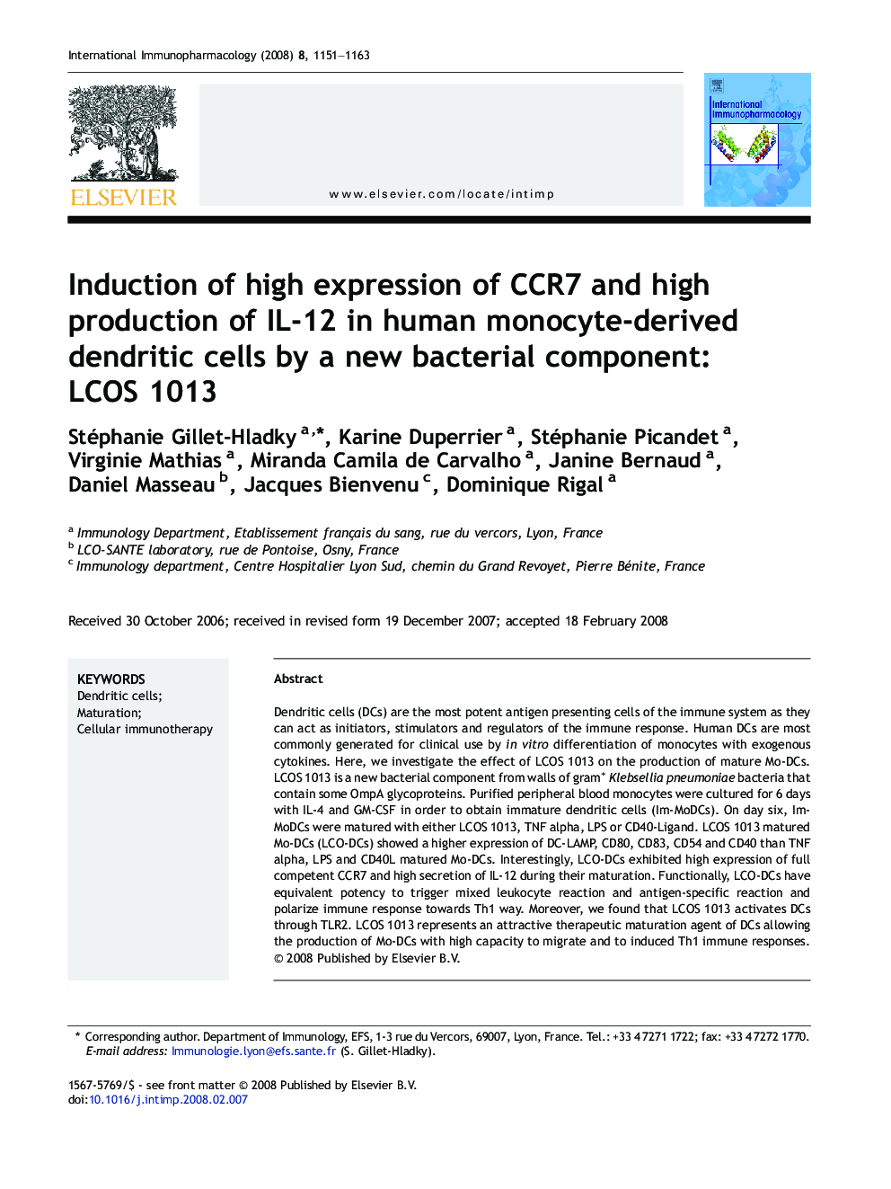 Induction of high expression of CCR7 and high production of IL-12 in human monocyte-derived dendritic cells by a new bacterial component: LCOS 1013