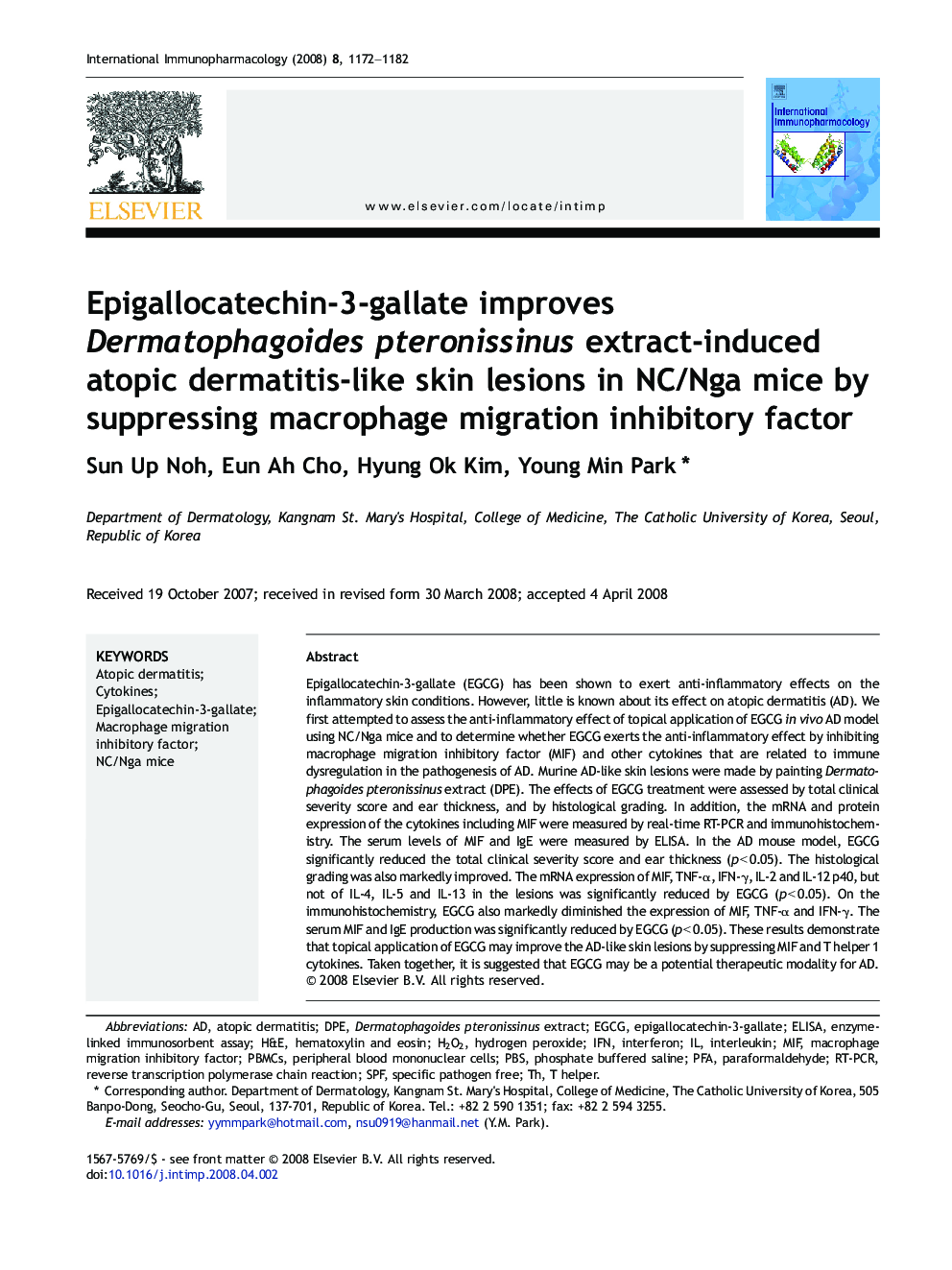 Epigallocatechin-3-gallate improves Dermatophagoides pteronissinus extract-induced atopic dermatitis-like skin lesions in NC/Nga mice by suppressing macrophage migration inhibitory factor