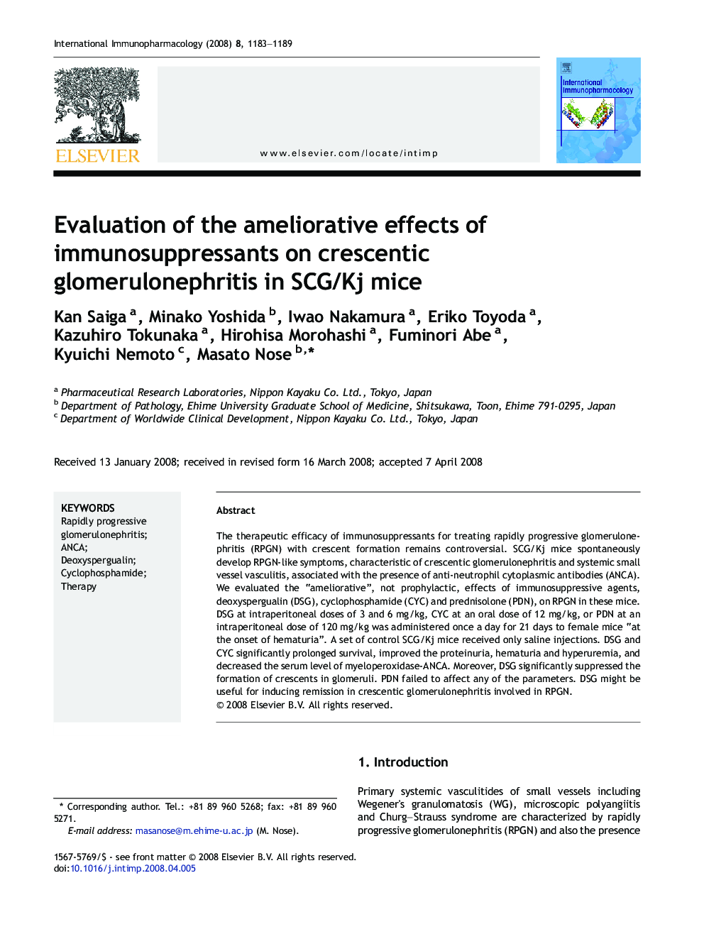 Evaluation of the ameliorative effects of immunosuppressants on crescentic glomerulonephritis in SCG/Kj mice