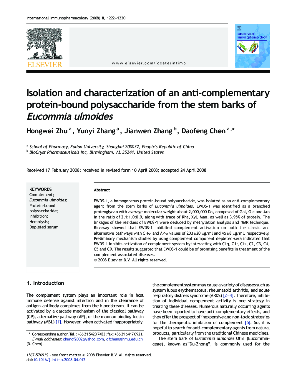 Isolation and characterization of an anti-complementary protein-bound polysaccharide from the stem barks of Eucommia ulmoides