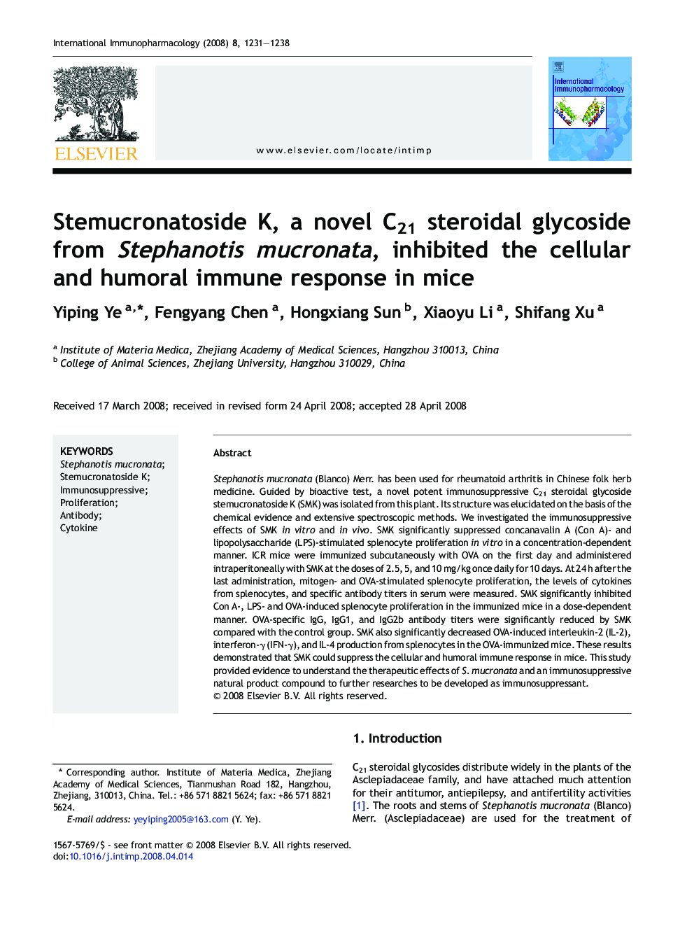 Stemucronatoside K, a novel C21 steroidal glycoside from Stephanotis mucronata, inhibited the cellular and humoral immune response in mice