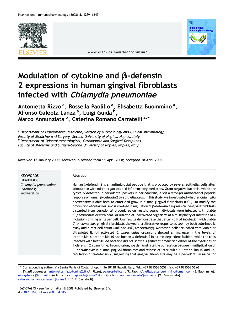 Modulation of cytokine and β-defensin 2 expressions in human gingival fibroblasts infected with Chlamydia pneumoniae