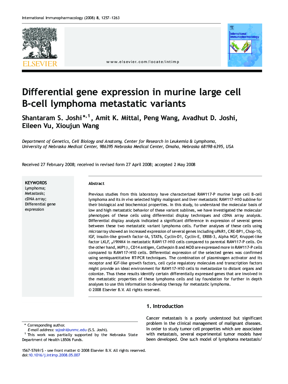 Differential gene expression in murine large cell B-cell lymphoma metastatic variants