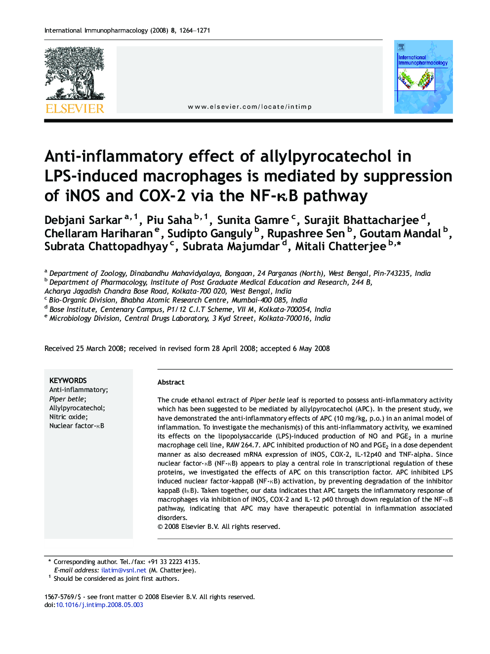 Anti-inflammatory effect of allylpyrocatechol in LPS-induced macrophages is mediated by suppression of iNOS and COX-2 via the NF-κB pathway
