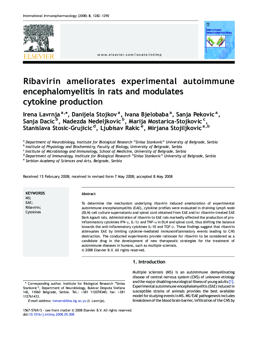 Ribavirin ameliorates experimental autoimmune encephalomyelitis in rats and modulates cytokine production
