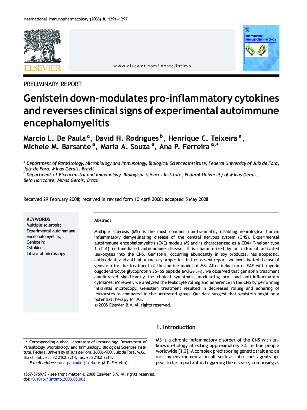 Genistein down-modulates pro-inflammatory cytokines and reverses clinical signs of experimental autoimmune encephalomyelitis