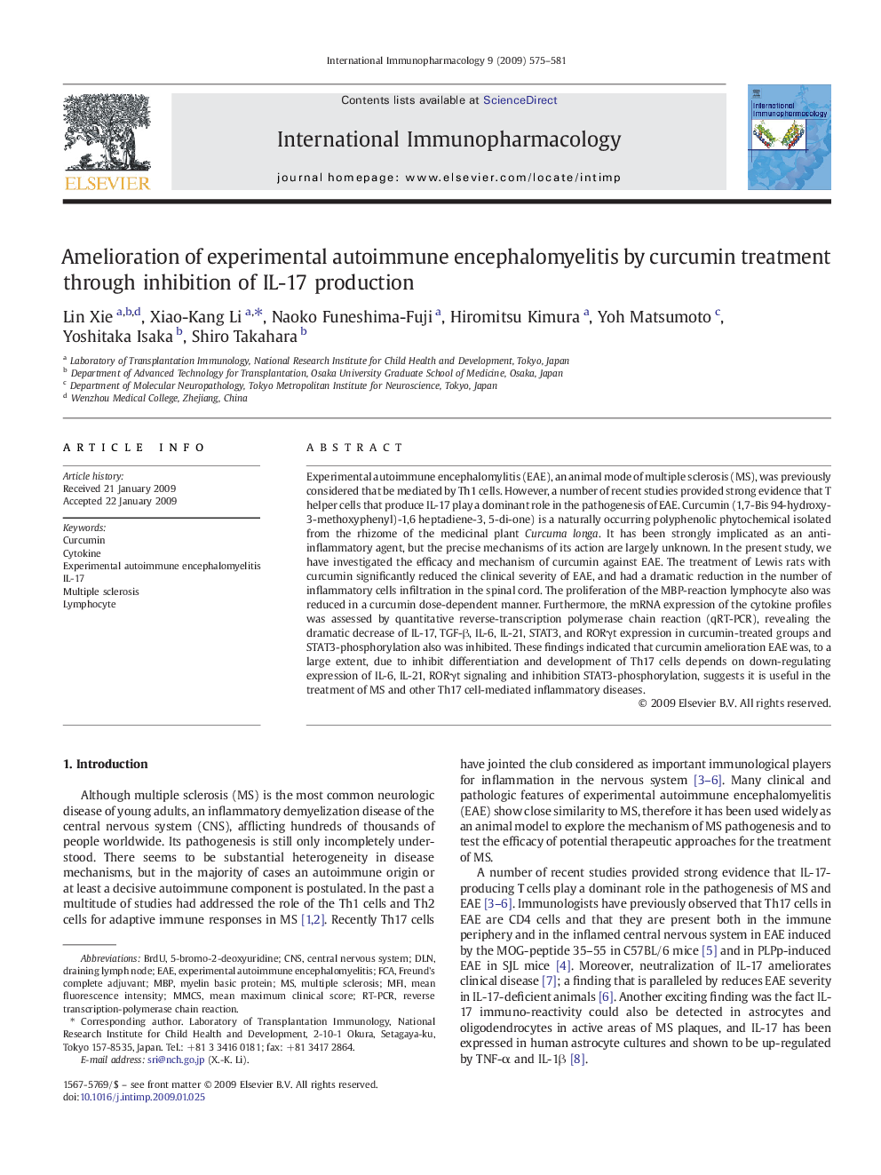 Amelioration of experimental autoimmune encephalomyelitis by curcumin treatment through inhibition of IL-17 production