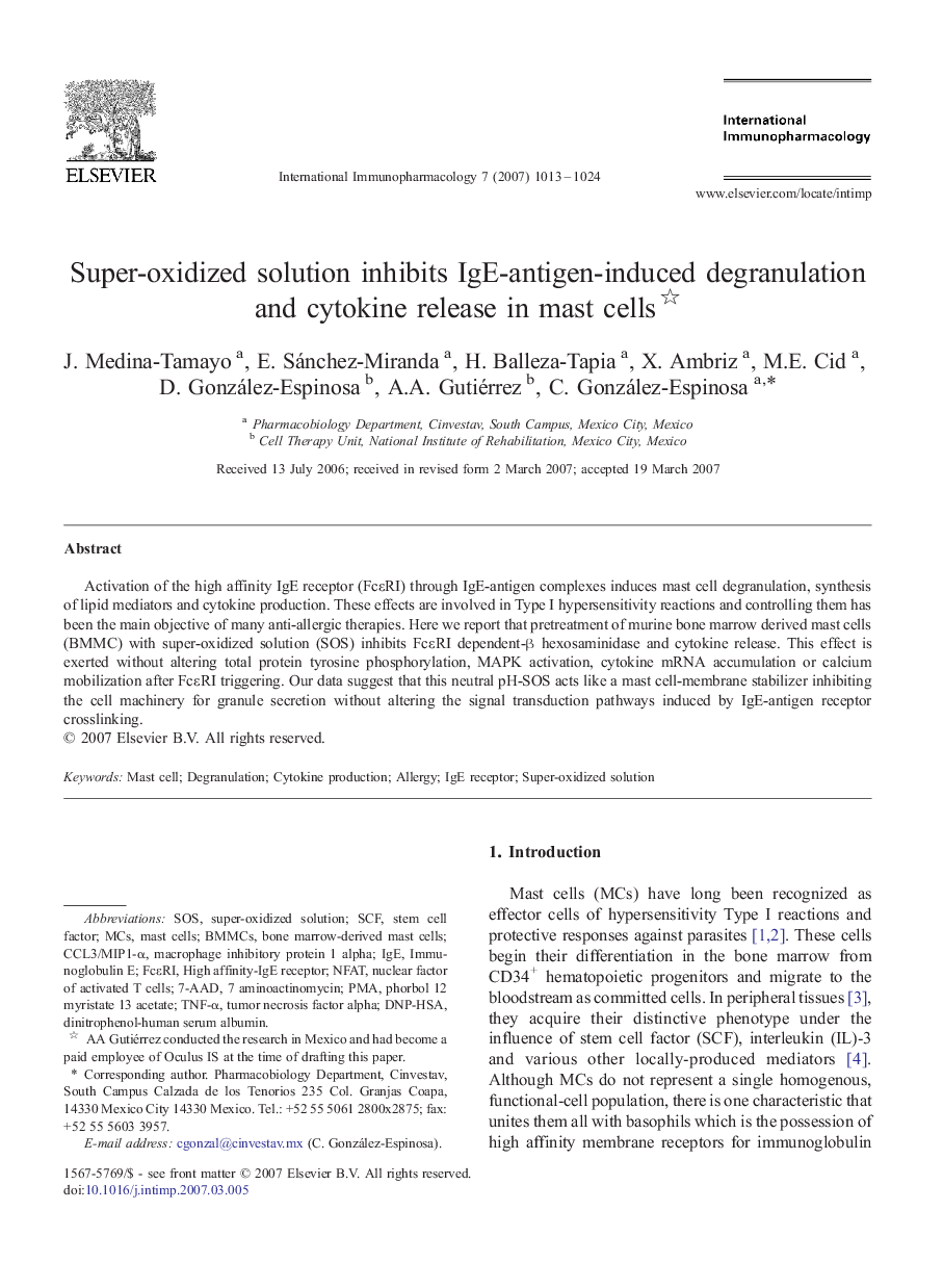 Super-oxidized solution inhibits IgE-antigen-induced degranulation and cytokine release in mast cells 