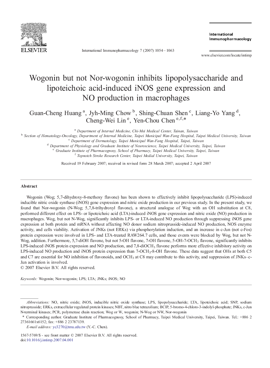 Wogonin but not Nor-wogonin inhibits lipopolysaccharide and lipoteichoic acid-induced iNOS gene expression and NO production in macrophages