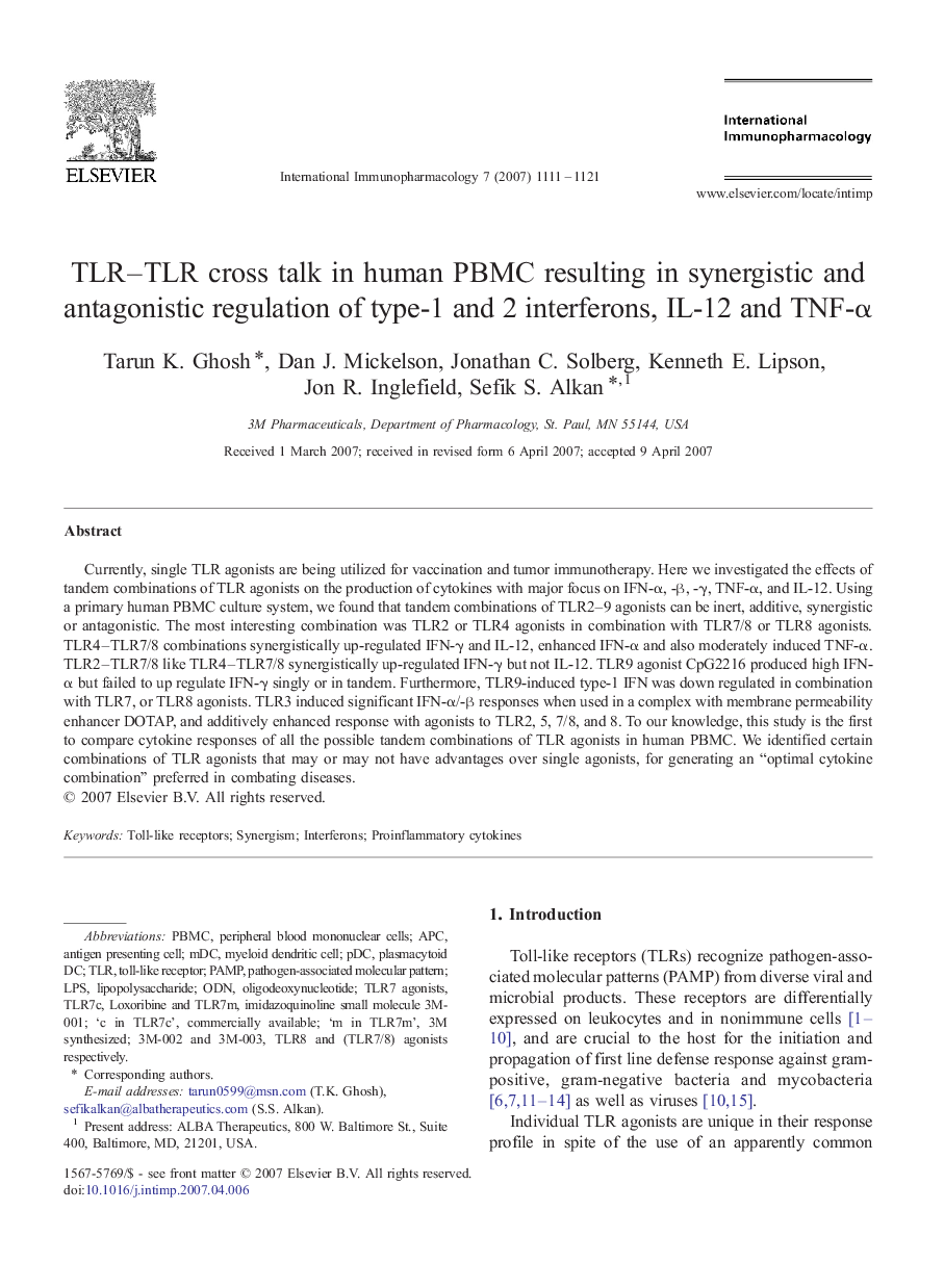 TLR–TLR cross talk in human PBMC resulting in synergistic and antagonistic regulation of type-1 and 2 interferons, IL-12 and TNF-α