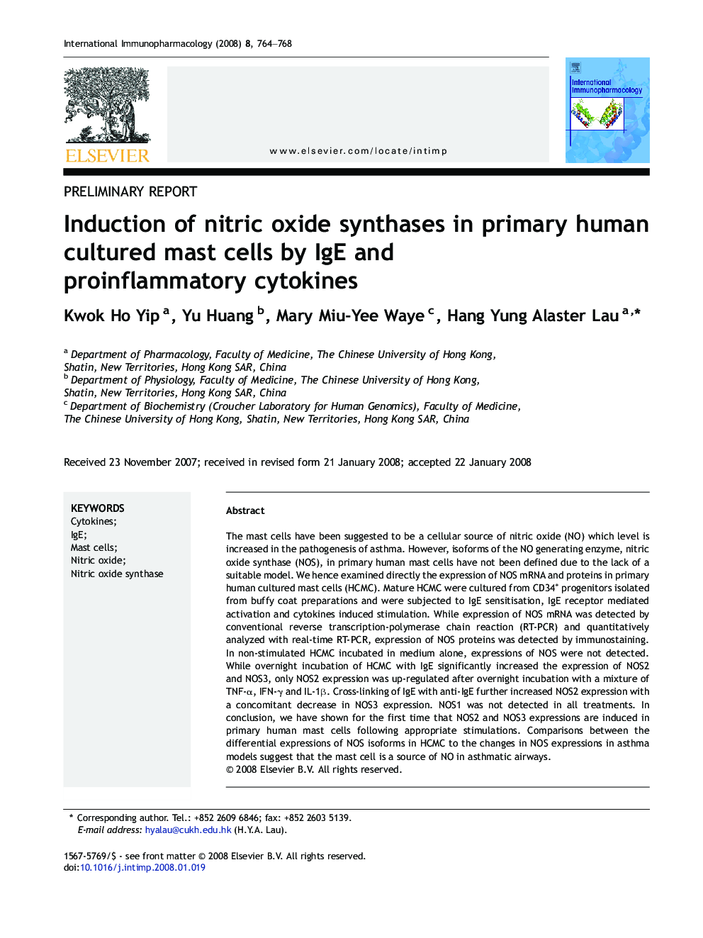 Induction of nitric oxide synthases in primary human cultured mast cells by IgE and proinflammatory cytokines