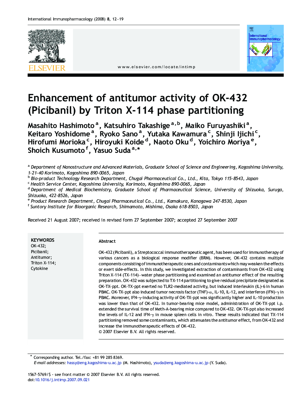 Enhancement of antitumor activity of OK-432 (Picibanil) by Triton X-114 phase partitioning