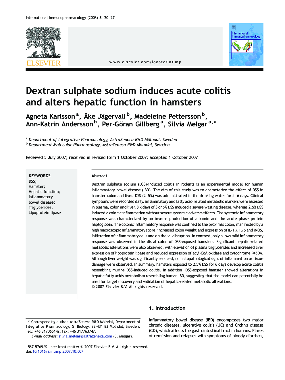 Dextran sulphate sodium induces acute colitis and alters hepatic function in hamsters