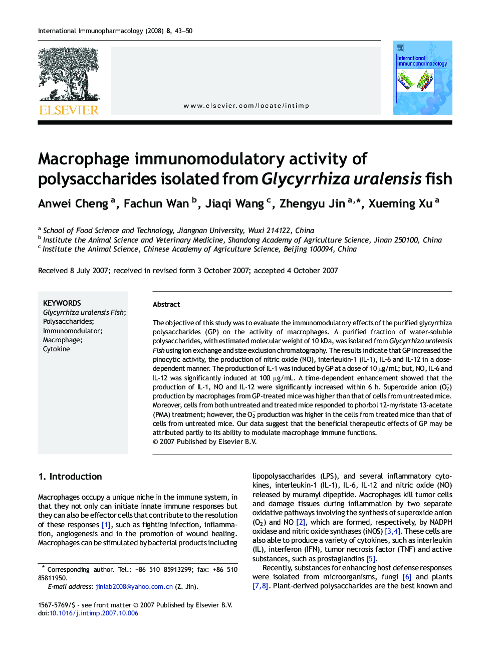 Macrophage immunomodulatory activity of polysaccharides isolated from Glycyrrhiza uralensis fish