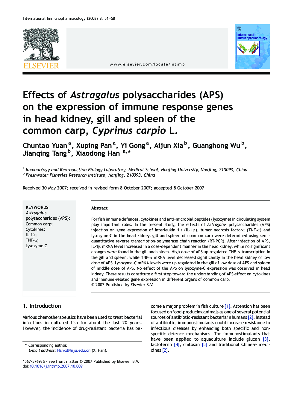 Effects of Astragalus polysaccharides (APS) on the expression of immune response genes in head kidney, gill and spleen of the common carp, Cyprinus carpio L.