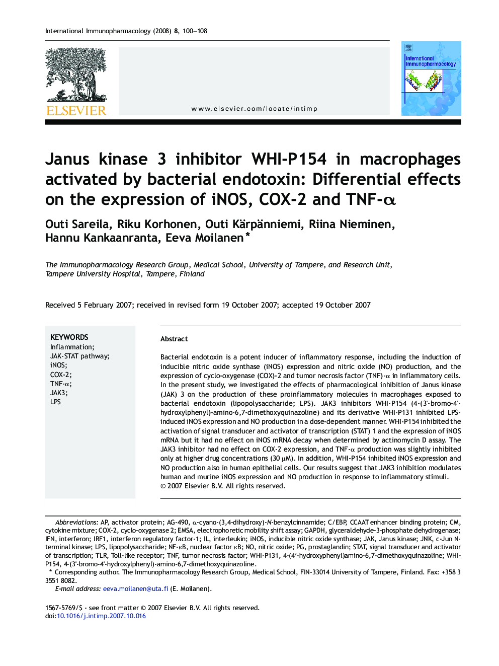 Janus kinase 3 inhibitor WHI-P154 in macrophages activated by bacterial endotoxin: Differential effects on the expression of iNOS, COX-2 and TNF-α
