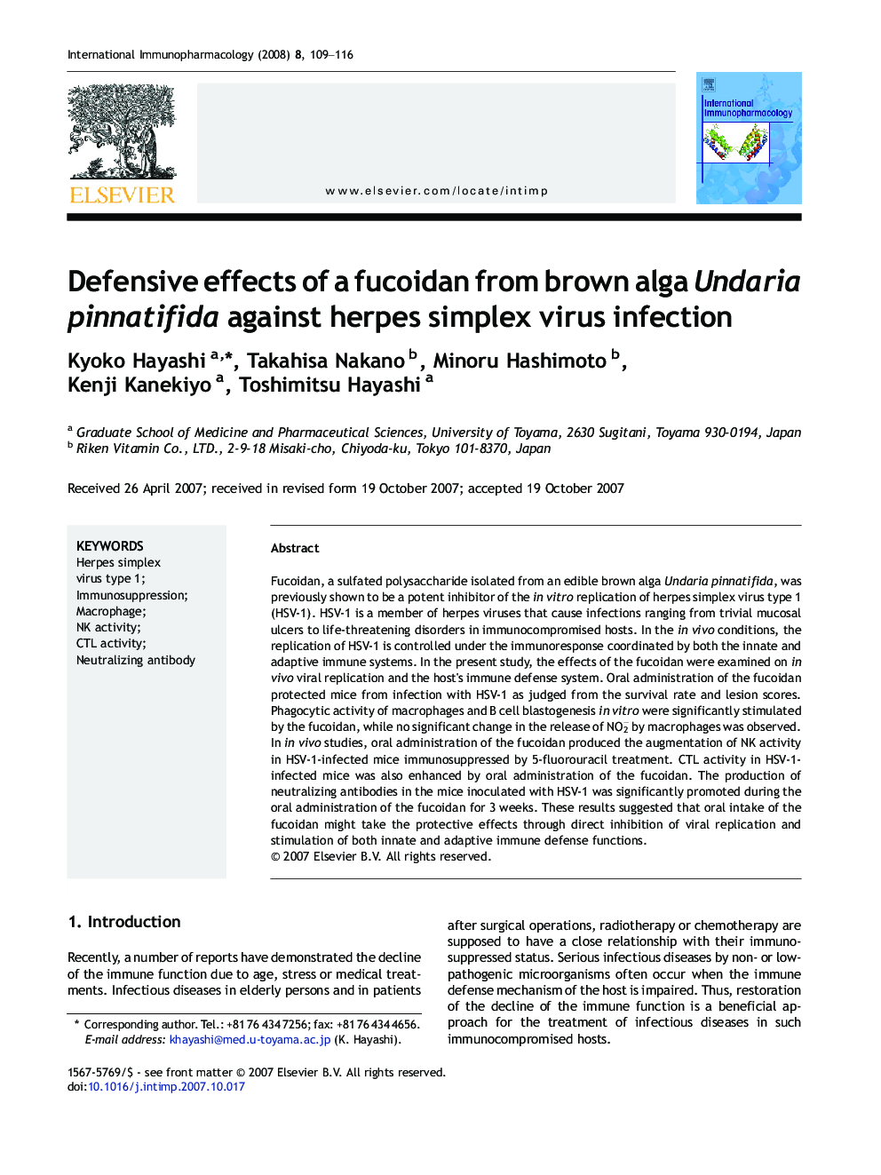 Defensive effects of a fucoidan from brown alga Undaria pinnatifida against herpes simplex virus infection