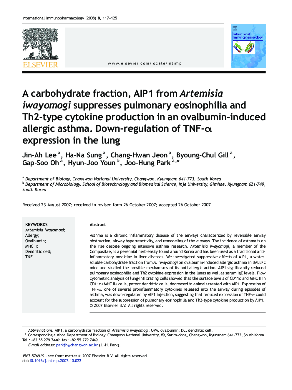 A carbohydrate fraction, AIP1 from Artemisia iwayomogi suppresses pulmonary eosinophilia and Th2-type cytokine production in an ovalbumin-induced allergic asthma. Down-regulation of TNF-α expression in the lung