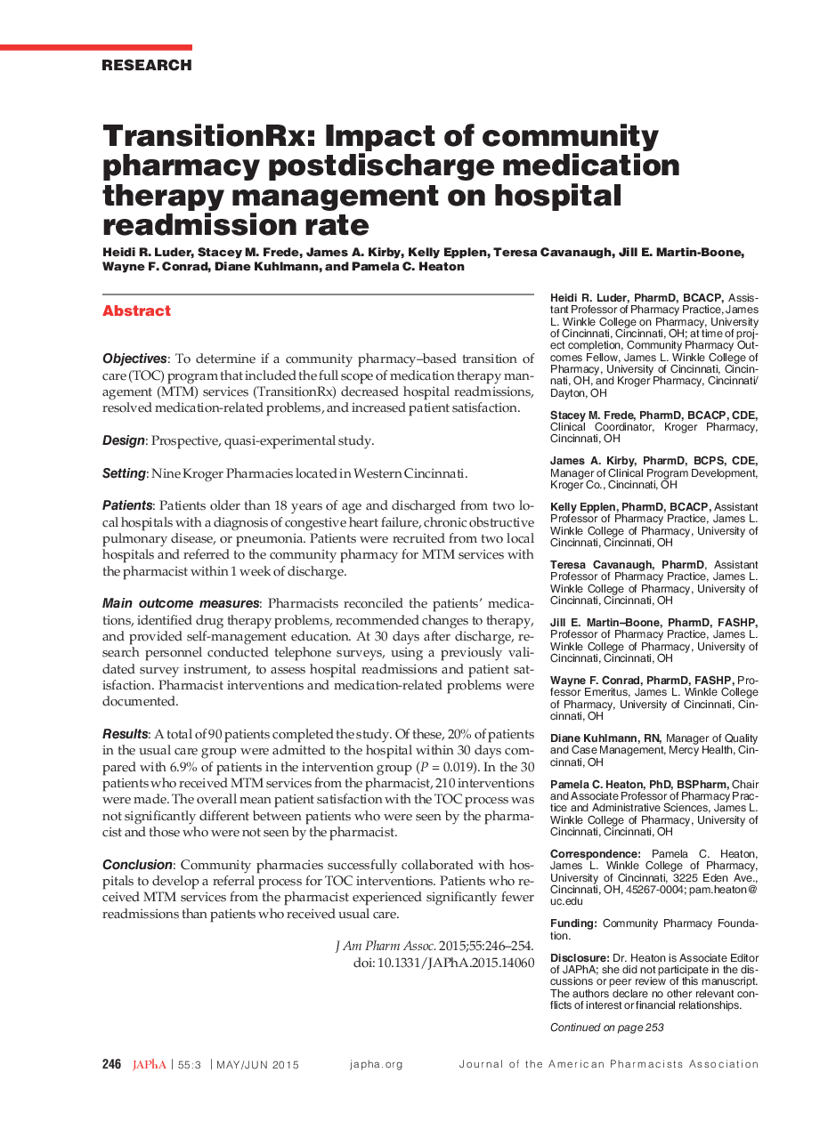 TransitionRx: Impact of community pharmacy postdischarge medication therapy management on hospital readmission rate