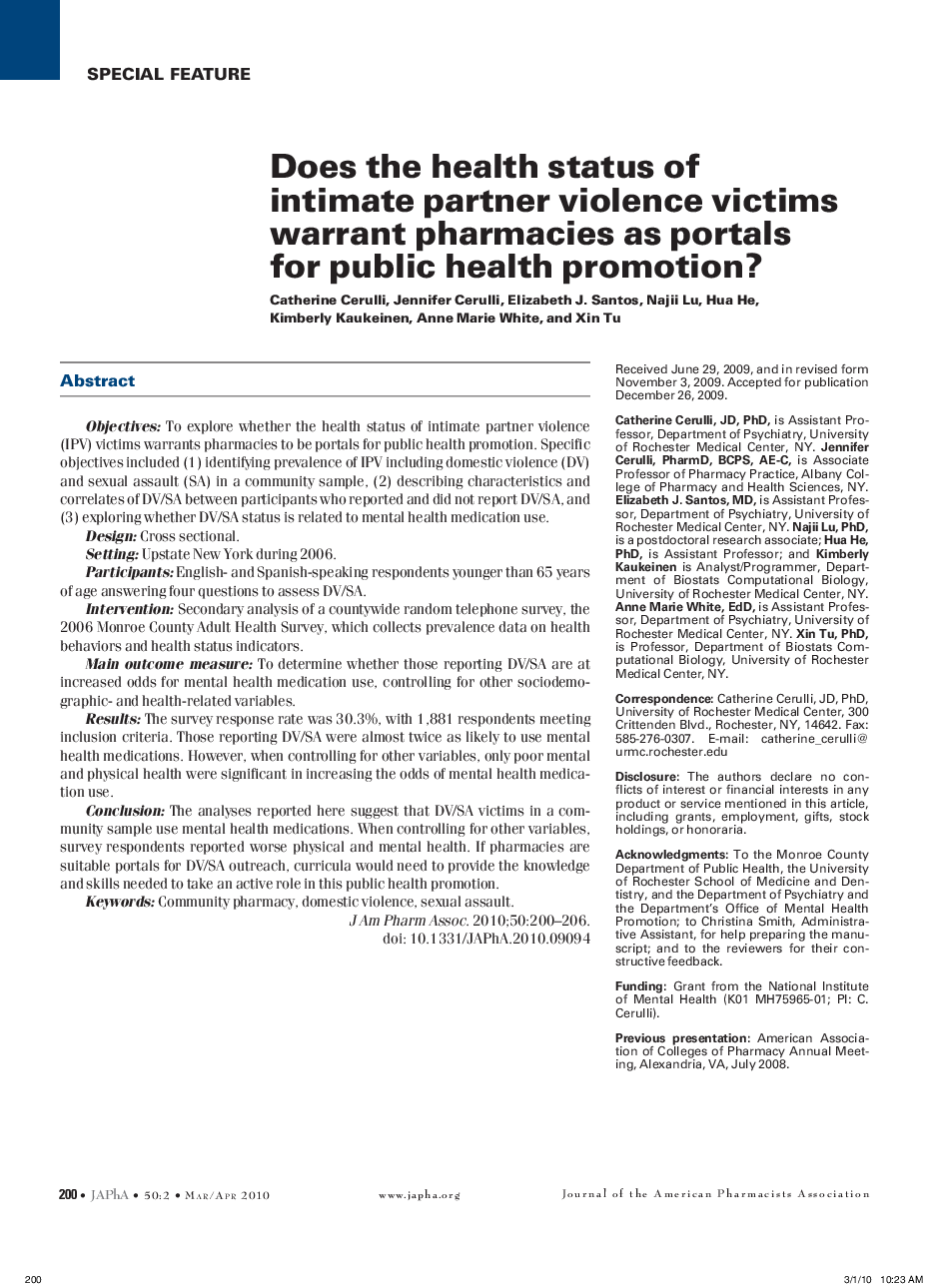 Does the health status of intimate partner violence victims warrant pharmacies as portals for public health promotion?
