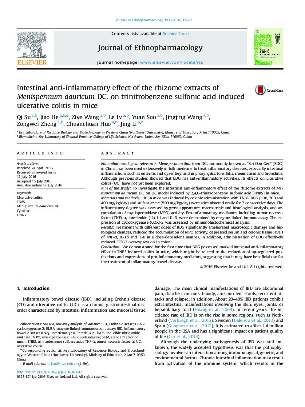 Intestinal anti-inflammatory effect of the rhizome extracts of Menispermum dauricum DC. on trinitrobenzene sulfonic acid induced ulcerative colitis in mice