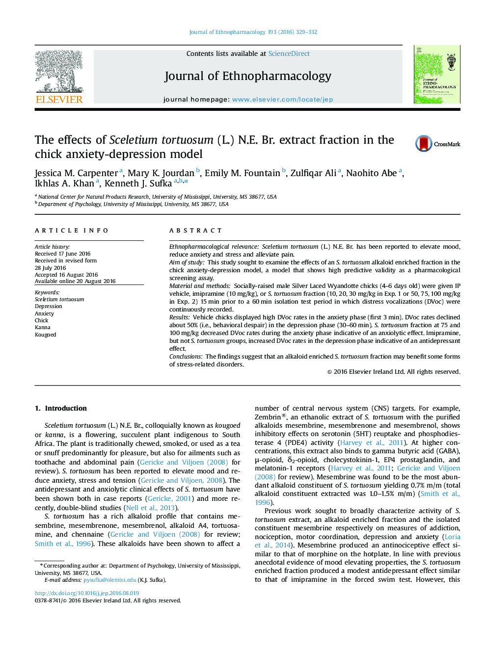 اثرات بخش عصاره Sceletium tortuosum (L.) N.E. Br. در مدل اضطراب افسردگی جوجه 