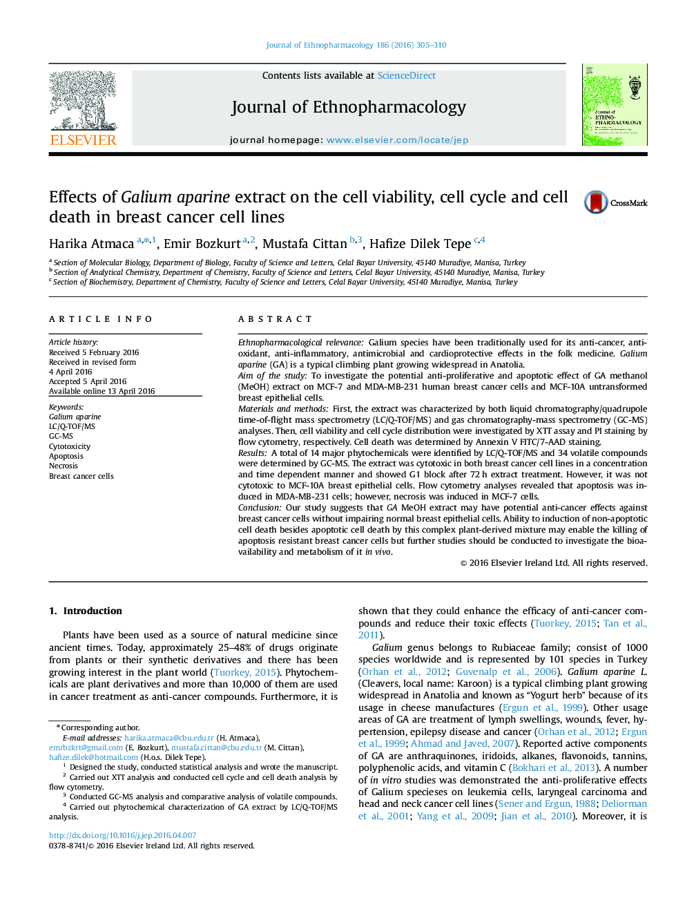 Effects of Galium aparine extract on the cell viability, cell cycle and cell death in breast cancer cell lines