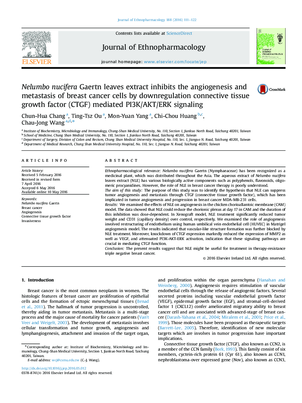 Nelumbo nucifera Gaertn leaves extract inhibits the angiogenesis and metastasis of breast cancer cells by downregulation connective tissue growth factor (CTGF) mediated PI3K/AKT/ERK signaling