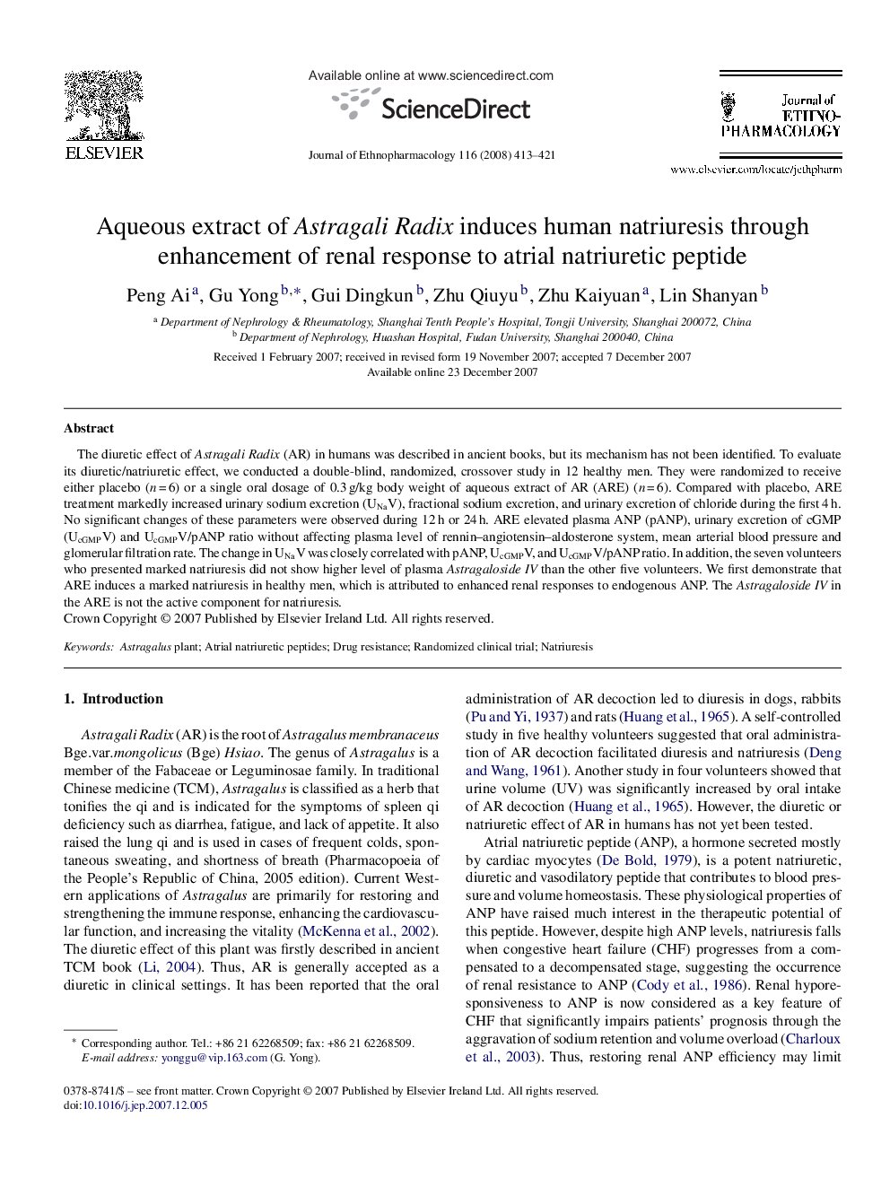 Aqueous extract of Astragali Radix induces human natriuresis through enhancement of renal response to atrial natriuretic peptide