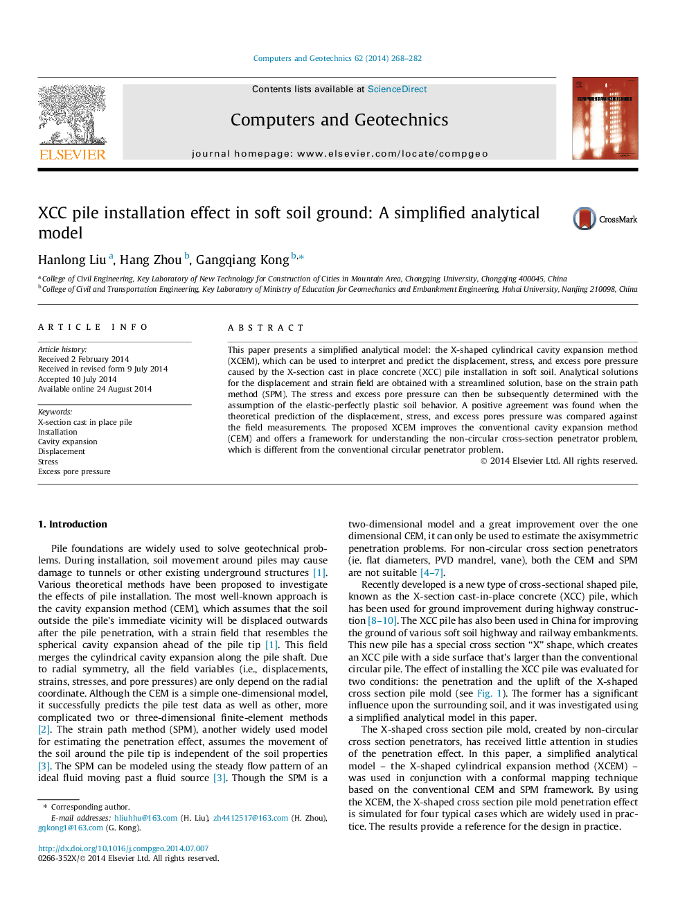 XCC pile installation effect in soft soil ground: A simplified analytical model