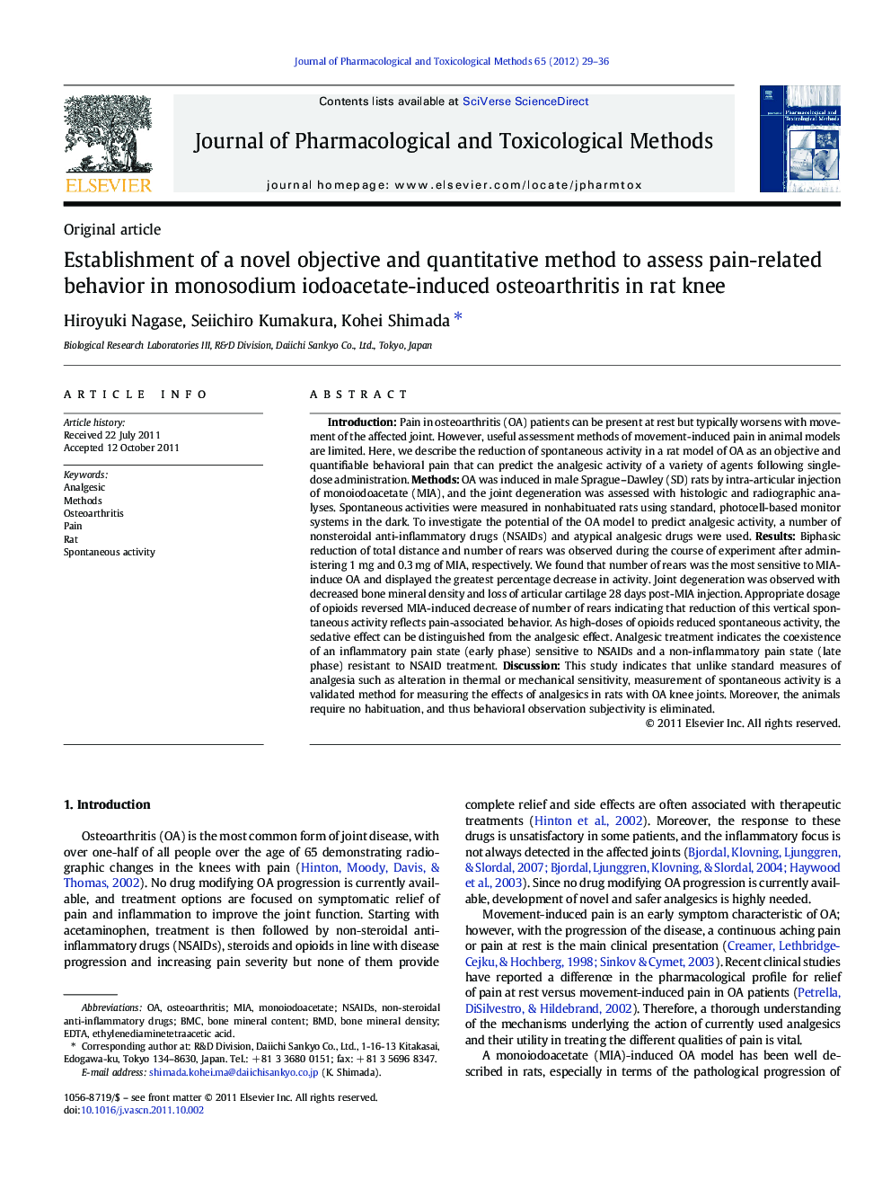 Establishment of a novel objective and quantitative method to assess pain-related behavior in monosodium iodoacetate-induced osteoarthritis in rat knee