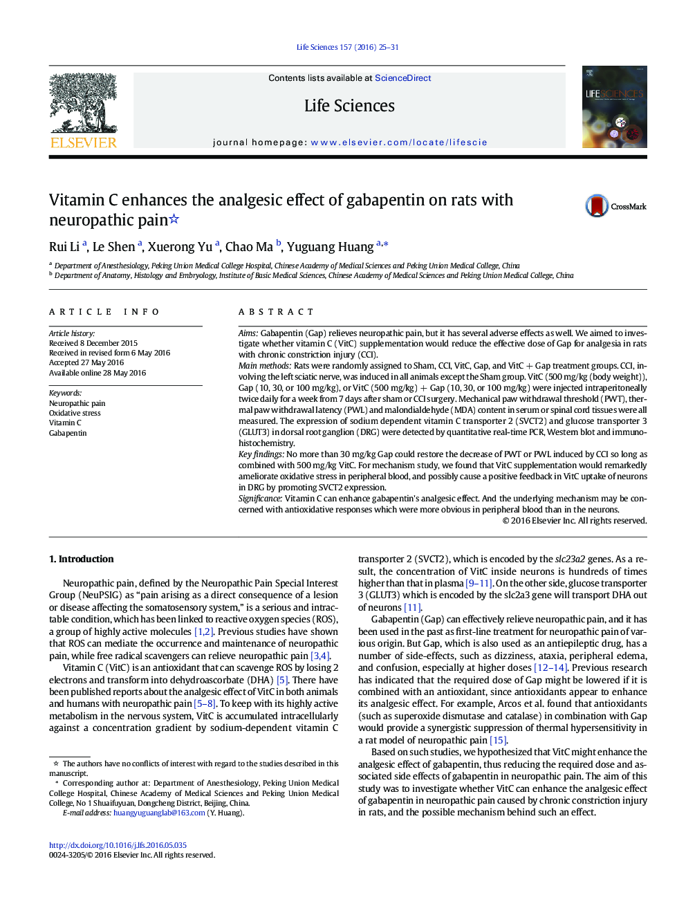 Vitamin C enhances the analgesic effect of gabapentin on rats with neuropathic pain 