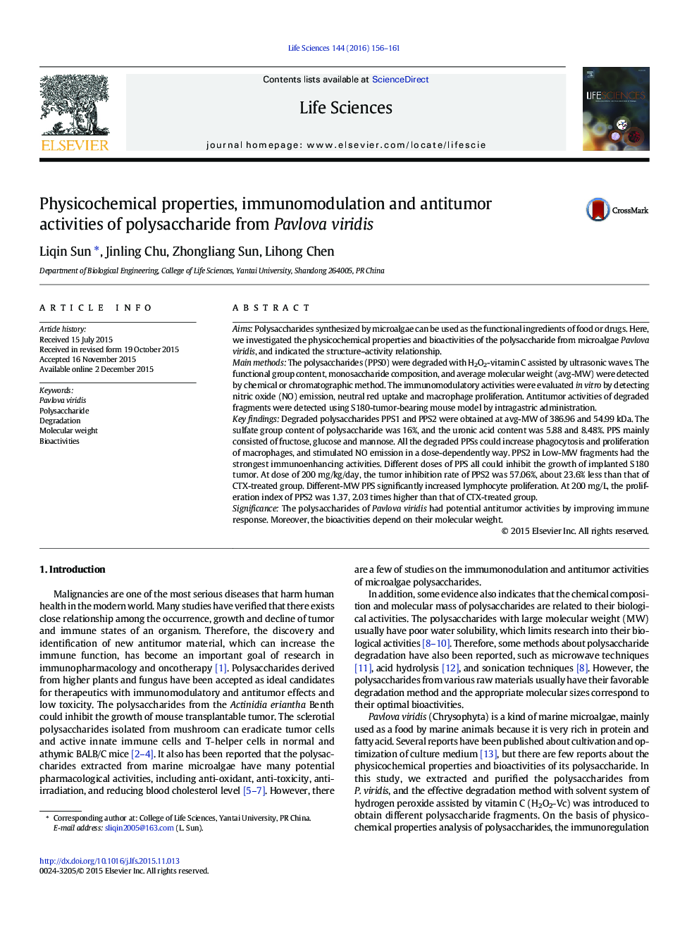 Physicochemical properties, immunomodulation and antitumor activities of polysaccharide from Pavlova viridis