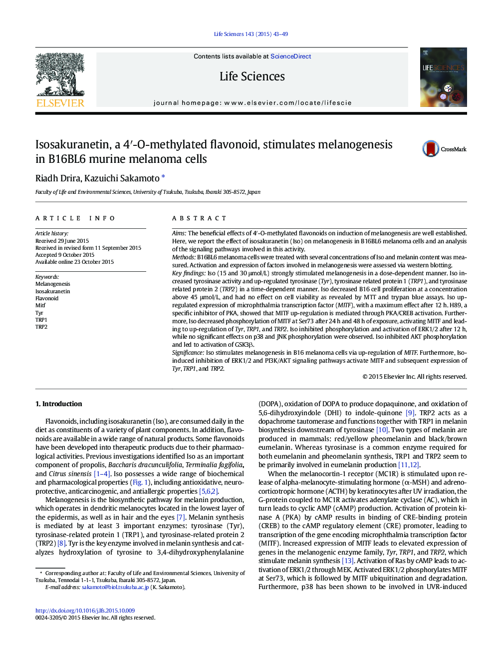 Isosakuranetin, a 4′-O-methylated flavonoid, stimulates melanogenesis in B16BL6 murine melanoma cells