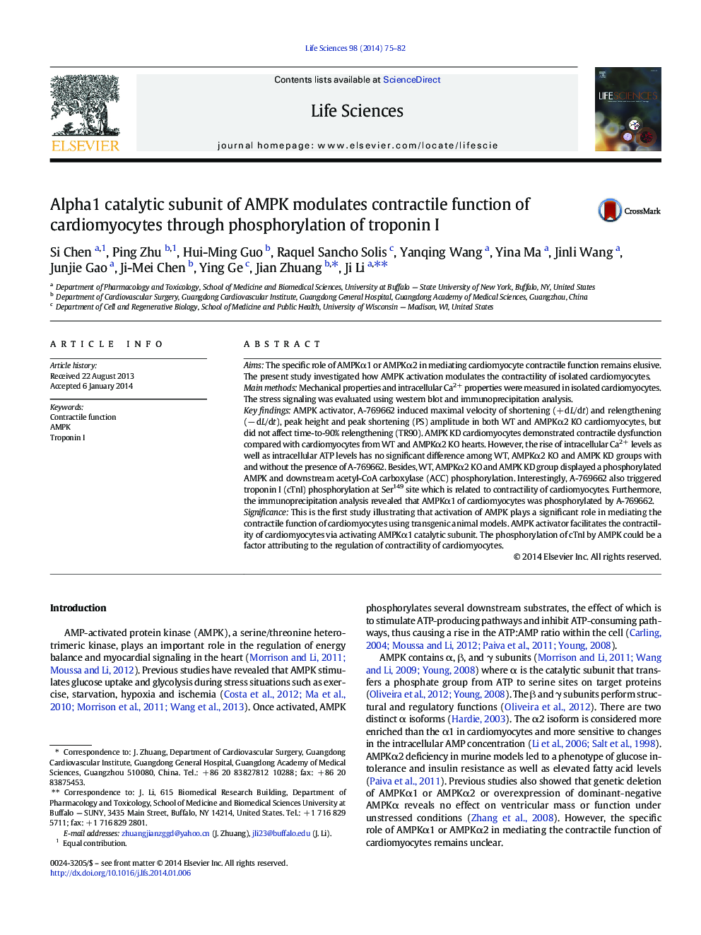 Alpha1 catalytic subunit of AMPK modulates contractile function of cardiomyocytes through phosphorylation of troponin I