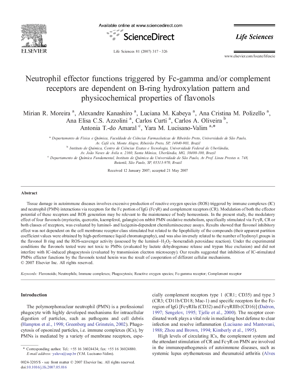 Neutrophil effector functions triggered by Fc-gamma and/or complement receptors are dependent on B-ring hydroxylation pattern and physicochemical properties of flavonols