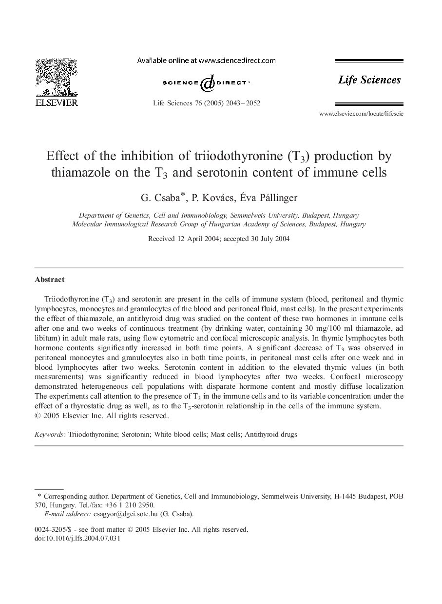 Effect of the inhibition of triiodothyronine (T3) production by thiamazole on the T3 and serotonin content of immune cells