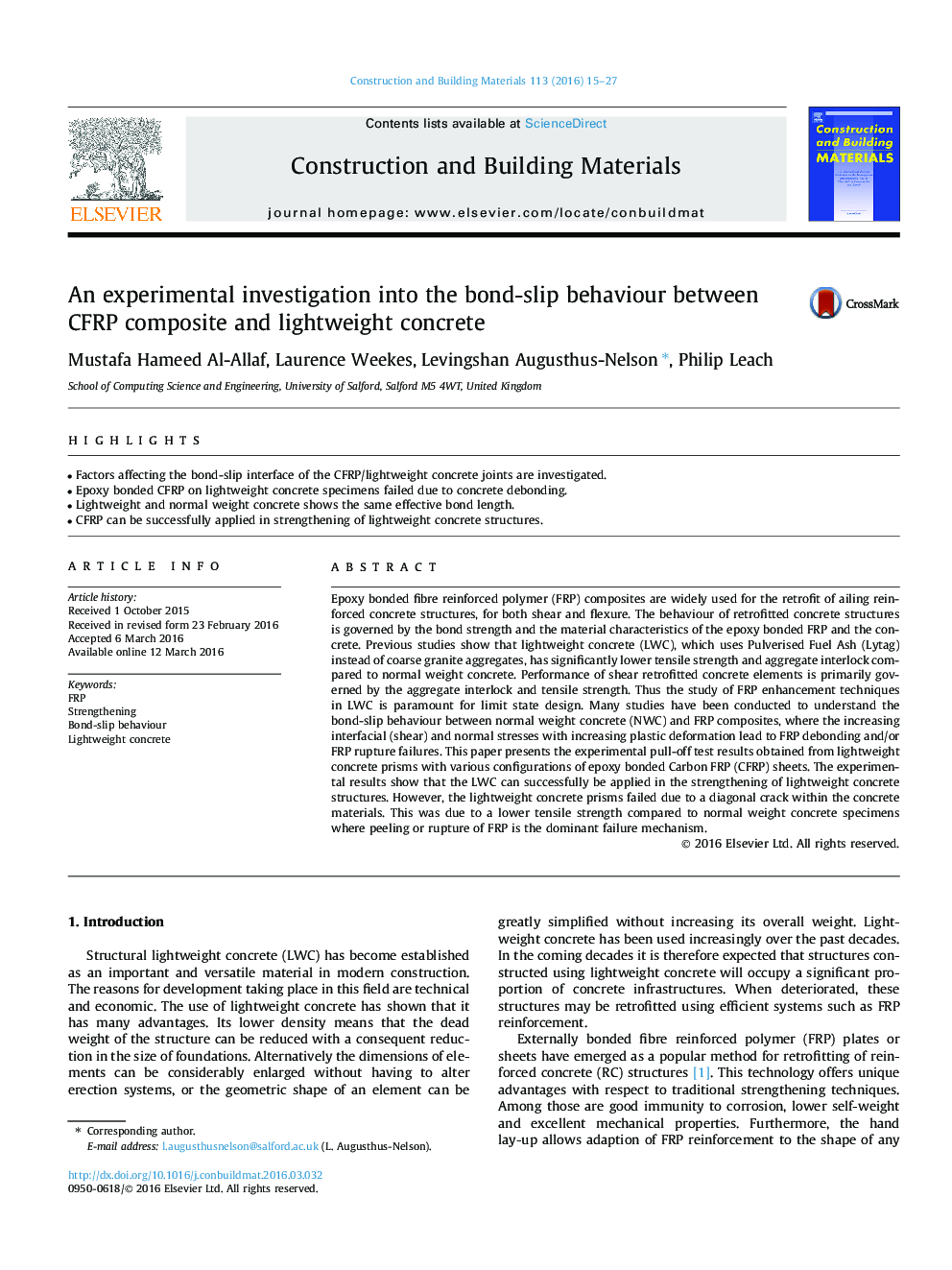 An experimental investigation into the bond-slip behaviour between CFRP composite and lightweight concrete